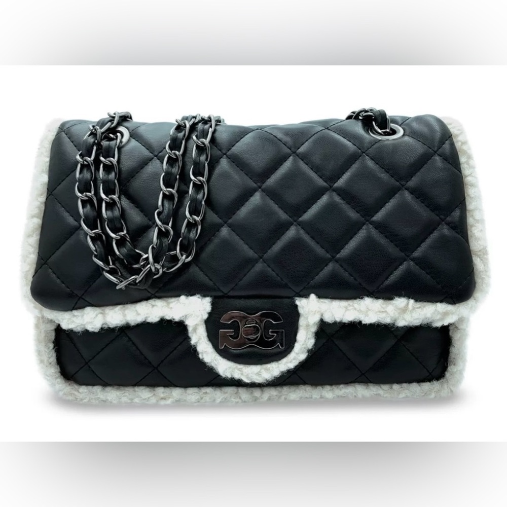 Gilda Paris Black Quilted Baguette Bag Faux Fur Sherpa Trim NEW